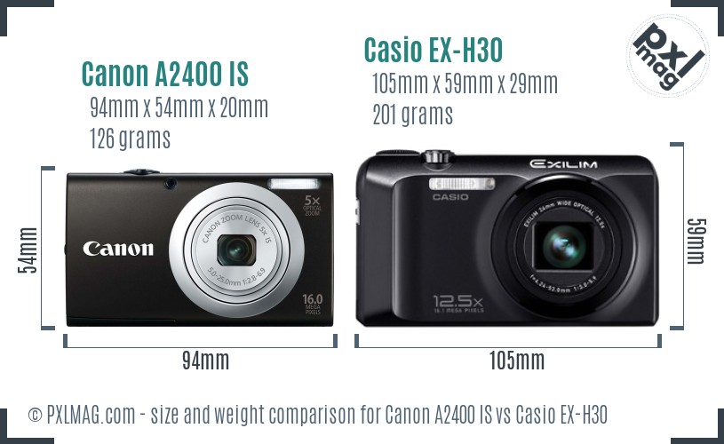 Canon A2400 IS vs Casio EX-H30 size comparison