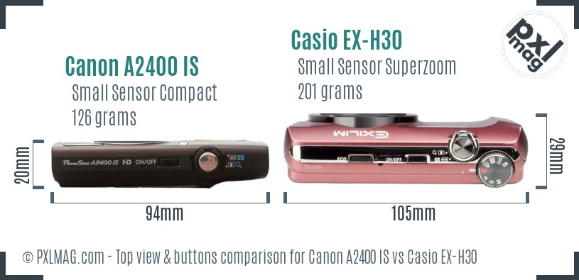 Canon A2400 IS vs Casio EX-H30 top view buttons comparison