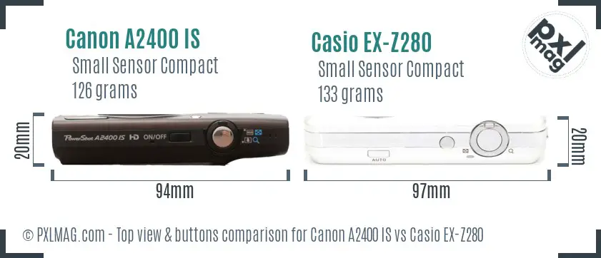 Canon A2400 IS vs Casio EX-Z280 top view buttons comparison