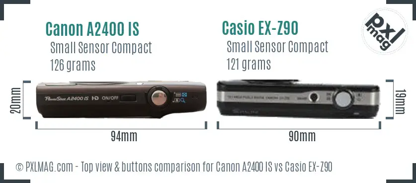 Canon A2400 IS vs Casio EX-Z90 top view buttons comparison