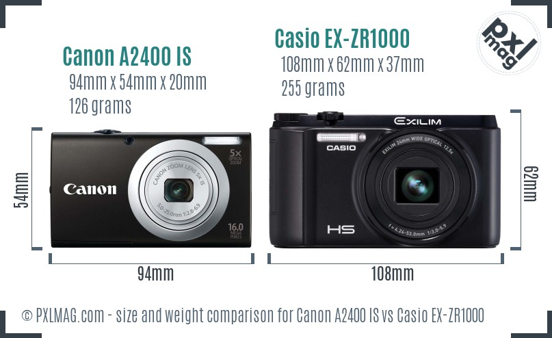 Canon A2400 IS vs Casio EX-ZR1000 size comparison