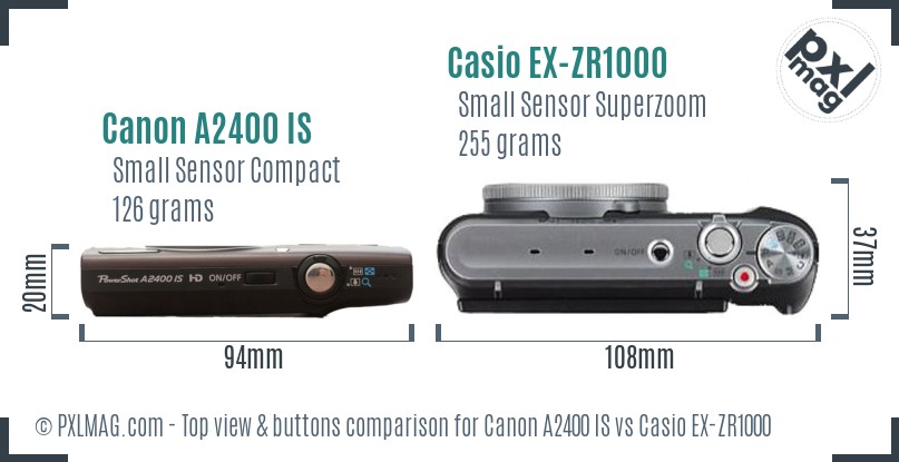 Canon A2400 IS vs Casio EX-ZR1000 top view buttons comparison