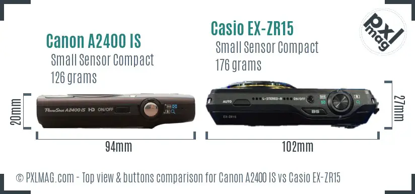 Canon A2400 IS vs Casio EX-ZR15 top view buttons comparison