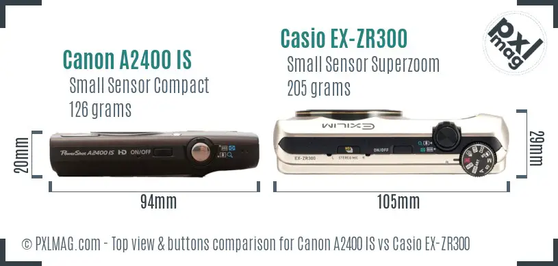 Canon A2400 IS vs Casio EX-ZR300 top view buttons comparison