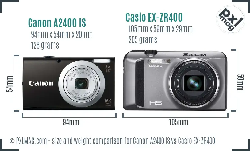 Canon A2400 IS vs Casio EX-ZR400 size comparison