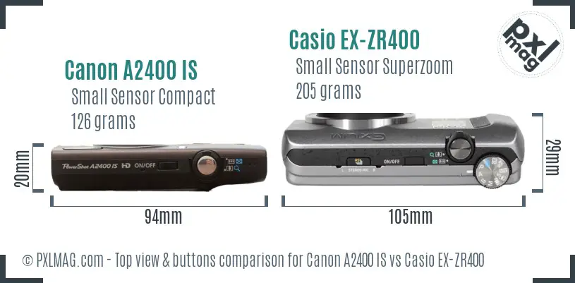 Canon A2400 IS vs Casio EX-ZR400 top view buttons comparison
