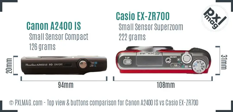 Canon A2400 IS vs Casio EX-ZR700 top view buttons comparison Canon A2400 IS vs Casio EX-ZR700 top view buttons comparison