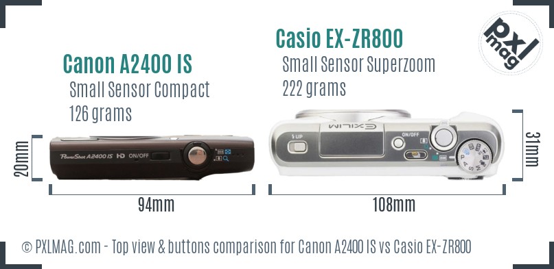 Canon A2400 IS vs Casio EX-ZR800 top view buttons comparison