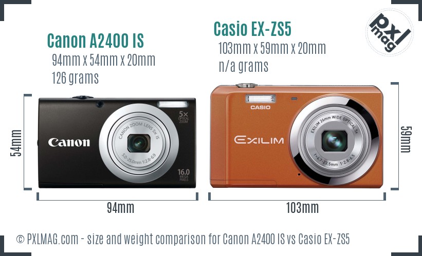 Canon A2400 IS vs Casio EX-ZS5 size comparison Canon A2400 IS vs Casio EX-ZS5 size comparison