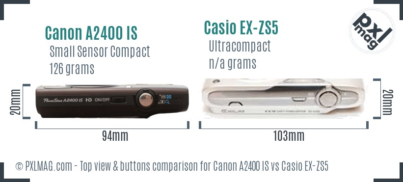 Canon A2400 IS vs Casio EX-ZS5 top view buttons comparison