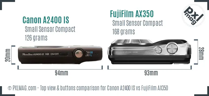 Canon A2400 IS vs FujiFilm AX350 top view buttons comparison