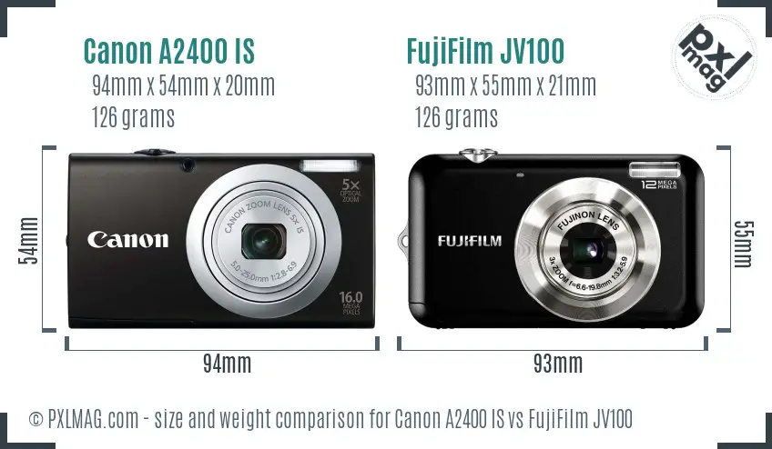 Canon A2400 IS vs FujiFilm JV100 size comparison Canon A2400 IS vs FujiFilm JV100 size comparison
