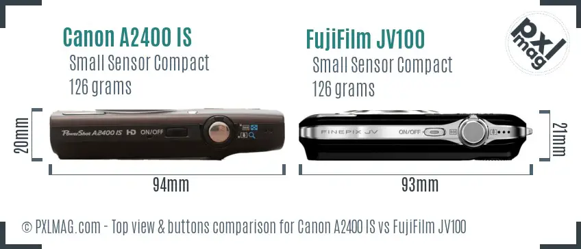 Canon A2400 IS vs FujiFilm JV100 top view buttons comparison Canon A2400 IS vs FujiFilm JV100 top view buttons comparison