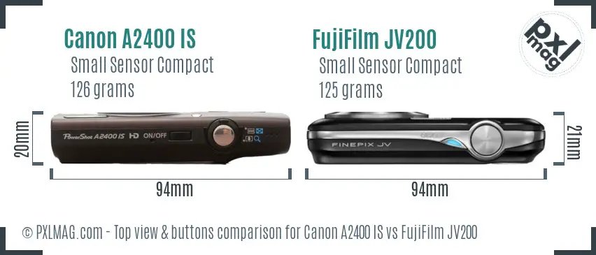 Canon A2400 IS vs FujiFilm JV200 top view buttons comparison