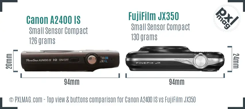 Canon A2400 IS vs FujiFilm JX350 top view buttons comparison