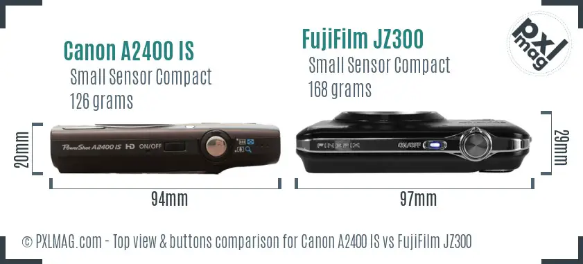 Canon A2400 IS vs FujiFilm JZ300 top view buttons comparison Canon A2400 IS vs FujiFilm JZ300 top view buttons comparison