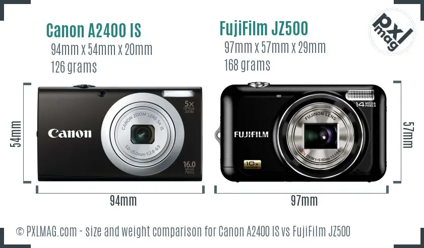 Canon A2400 IS vs FujiFilm JZ500 size comparison