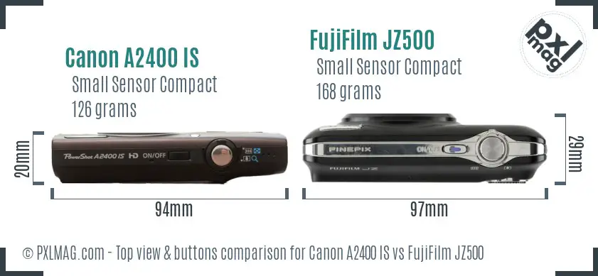 Canon A2400 IS vs FujiFilm JZ500 top view buttons comparison