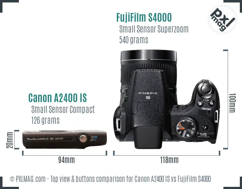 Canon A2400 IS vs FujiFilm S4000 top view buttons comparison
