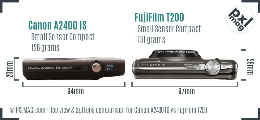 Canon A2400 IS vs FujiFilm T200 top view buttons comparison Canon A2400 IS vs FujiFilm T200 top view buttons comparison