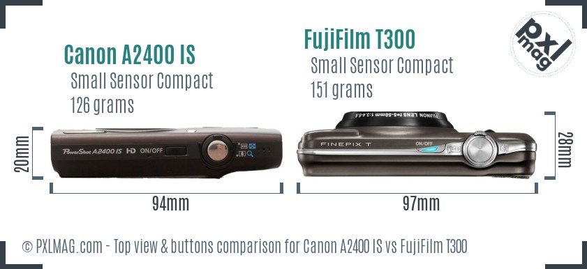 Canon A2400 IS vs FujiFilm T300 top view buttons comparison