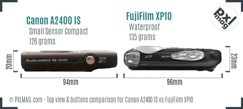 Canon A2400 IS vs FujiFilm XP10 top view buttons comparison Canon A2400 IS vs FujiFilm XP10 top view buttons comparison