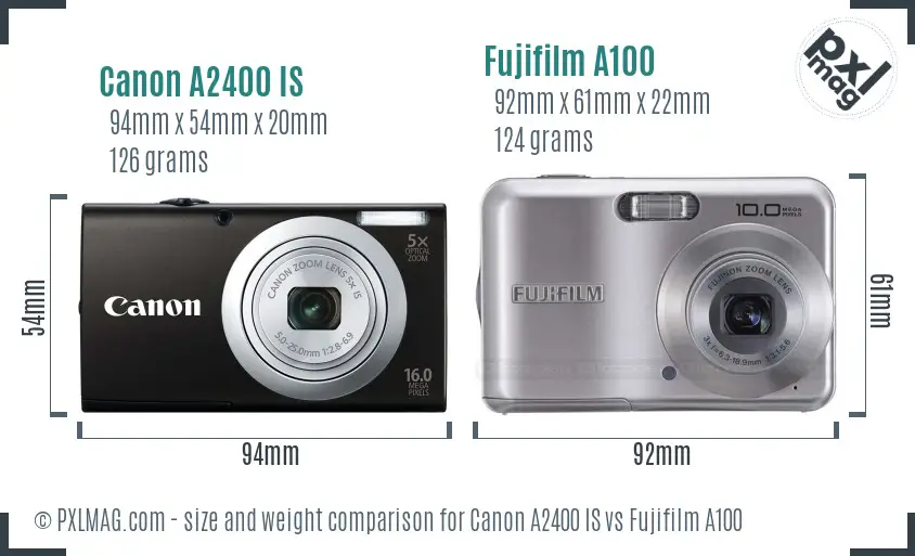 Canon A2400 IS vs Fujifilm A100 size comparison