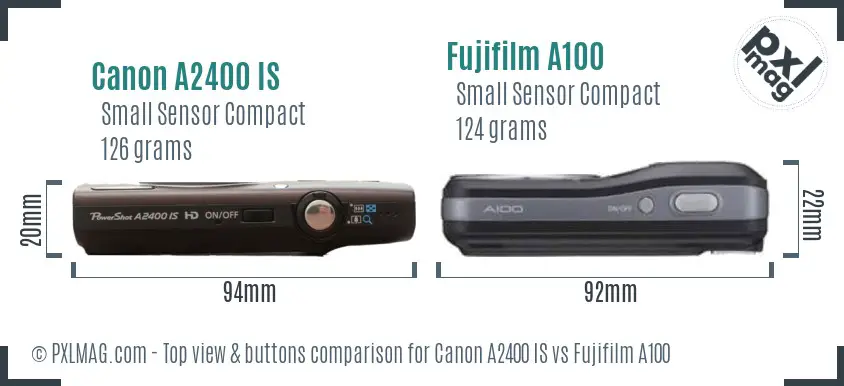 Canon A2400 IS vs Fujifilm A100 top view buttons comparison