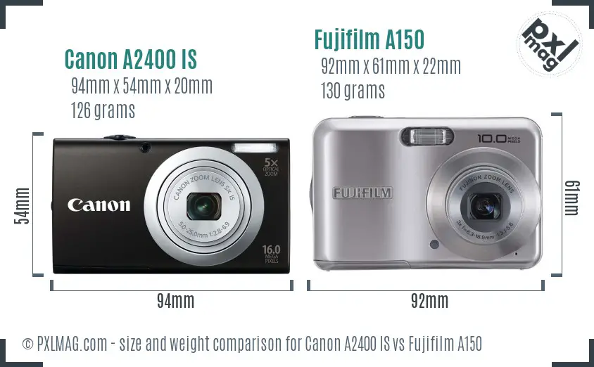 Canon A2400 IS vs Fujifilm A150 size comparison