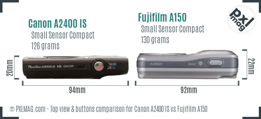 Canon A2400 IS vs Fujifilm A150 top view buttons comparison