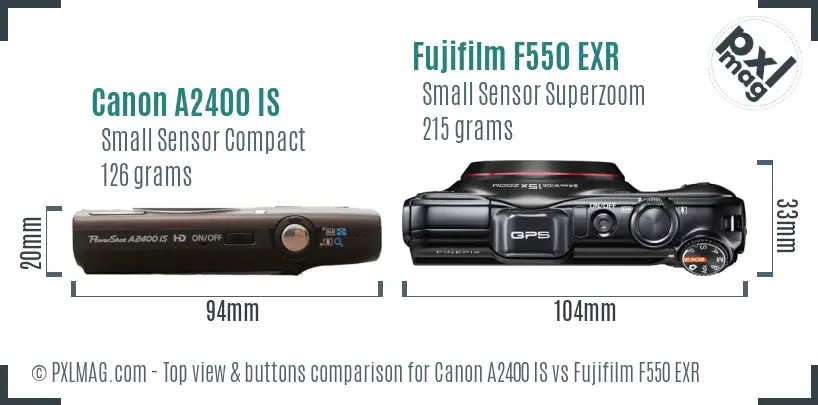 Canon A2400 IS vs Fujifilm F550 EXR top view buttons comparison Canon A2400 IS vs Fujifilm F550 EXR top view buttons comparison