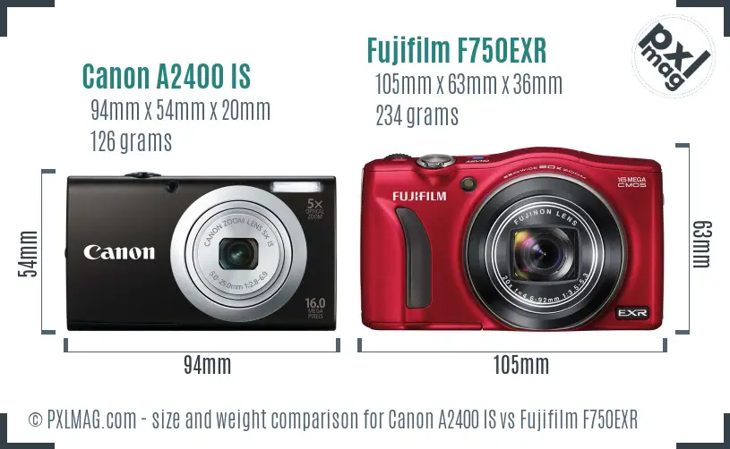 Canon A2400 IS vs Fujifilm F750EXR size comparison