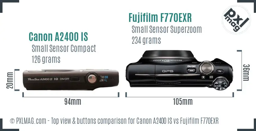 Canon A2400 IS vs Fujifilm F770EXR top view buttons comparison