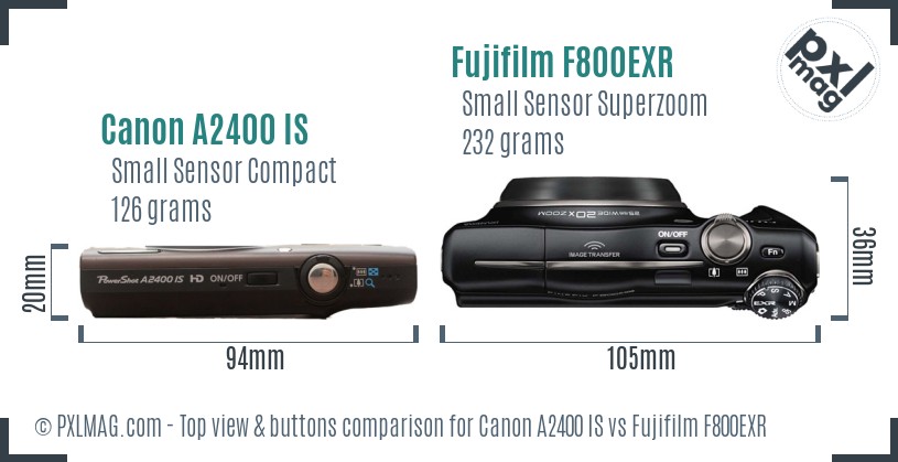 Canon A2400 IS vs Fujifilm F800EXR top view buttons comparison