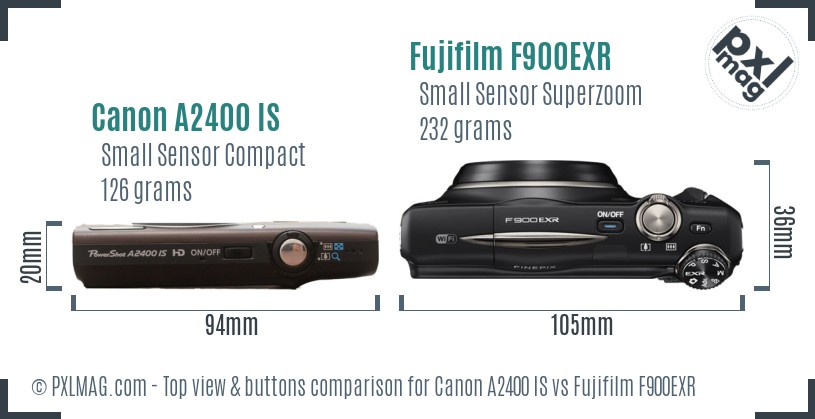 Canon A2400 IS vs Fujifilm F900EXR top view buttons comparison