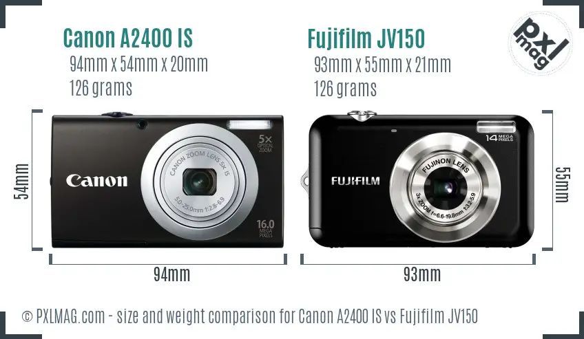 Canon A2400 IS vs Fujifilm JV150 size comparison