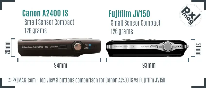 Canon A2400 IS vs Fujifilm JV150 top view buttons comparison