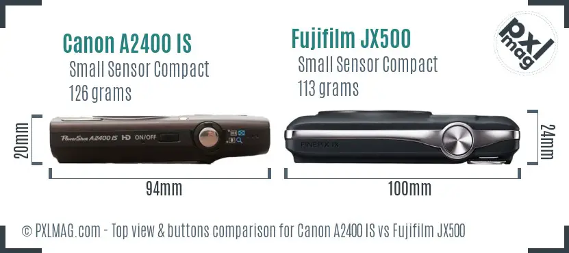 Canon A2400 IS vs Fujifilm JX500 top view buttons comparison Canon A2400 IS vs Fujifilm JX500 top view buttons comparison