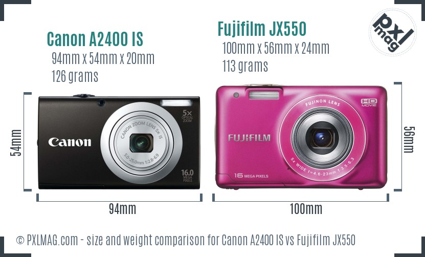 Canon A2400 IS vs Fujifilm JX550 size comparison
