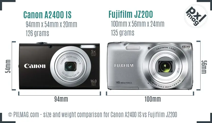 Canon A2400 IS vs Fujifilm JZ200 size comparison