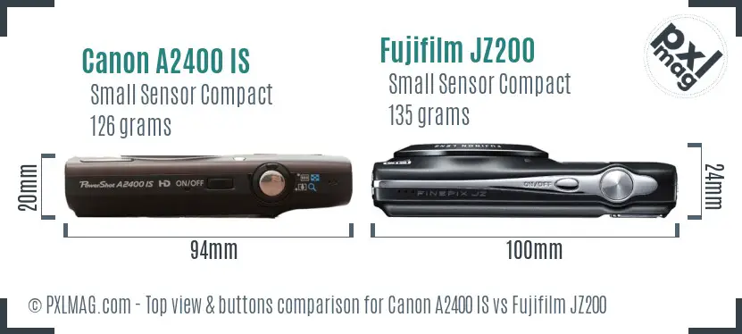 Canon A2400 IS vs Fujifilm JZ200 top view buttons comparison