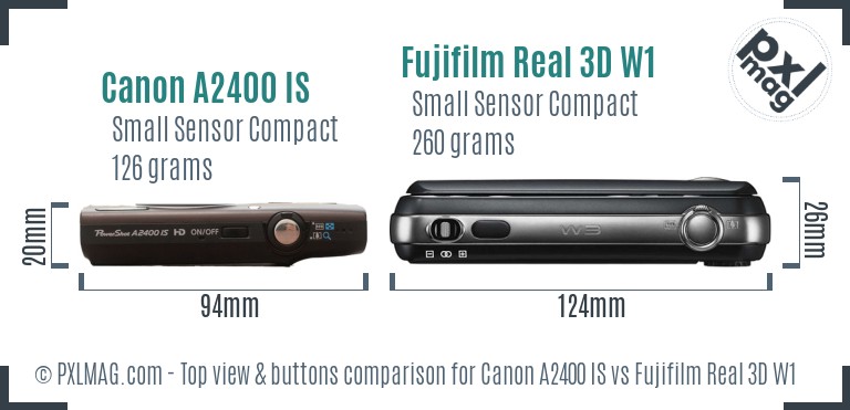 Canon A2400 IS vs Fujifilm Real 3D W1 top view buttons comparison