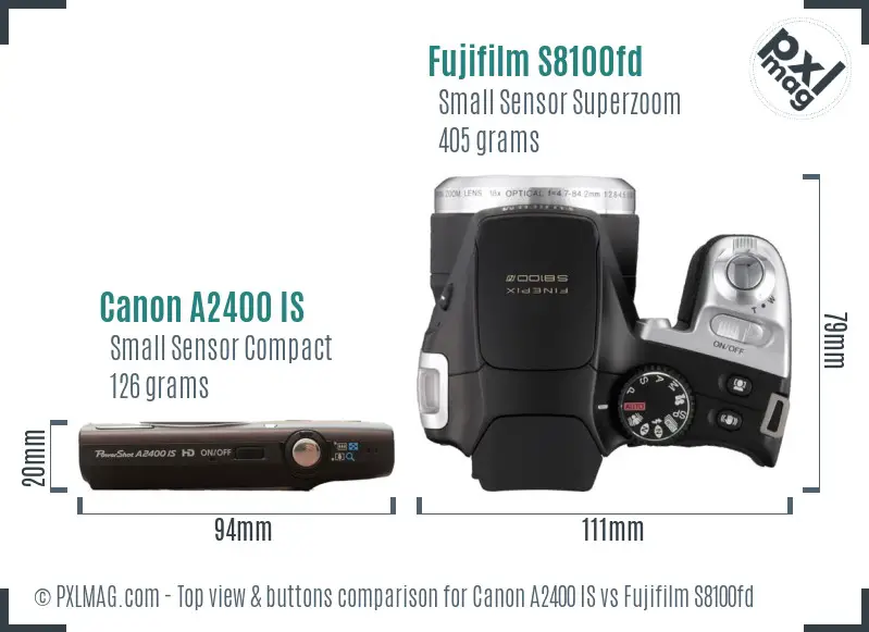 Canon A2400 IS vs Fujifilm S8100fd top view buttons comparison Canon A2400 IS vs Fujifilm S8100fd top view buttons comparison