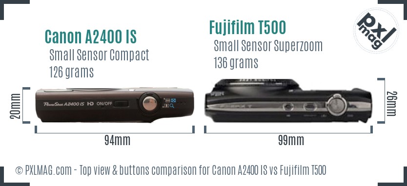 Canon A2400 IS vs Fujifilm T500 top view buttons comparison
