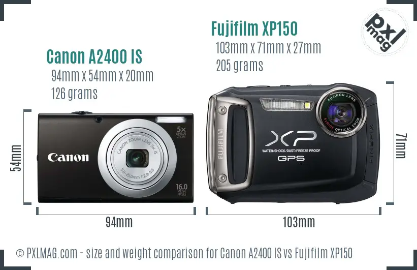 Canon A2400 IS vs Fujifilm XP150 size comparison