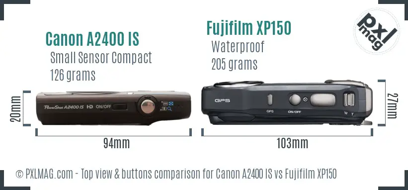 Canon A2400 IS vs Fujifilm XP150 top view buttons comparison