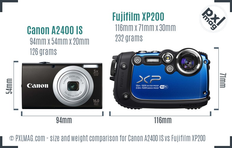 Canon A2400 IS vs Fujifilm XP200 size comparison
