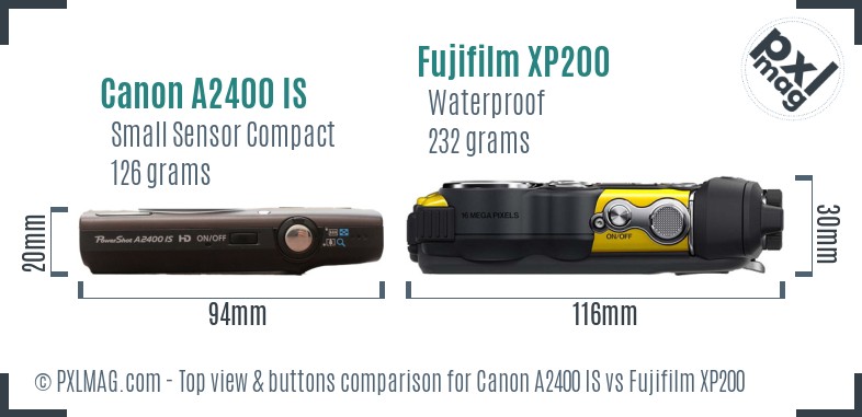 Canon A2400 IS vs Fujifilm XP200 top view buttons comparison