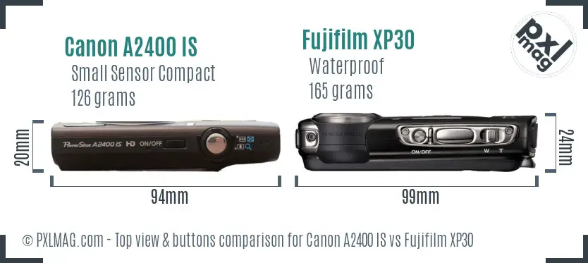 Canon A2400 IS vs Fujifilm XP30 top view buttons comparison
