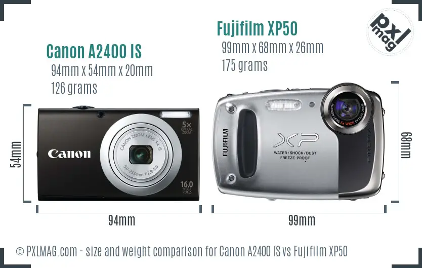 Canon A2400 IS vs Fujifilm XP50 size comparison